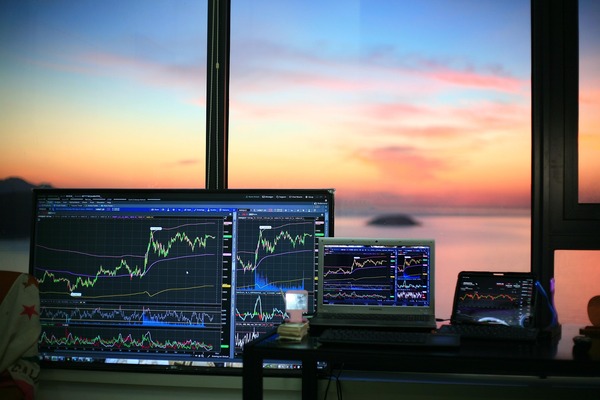 Trading screens at sunset by the sea